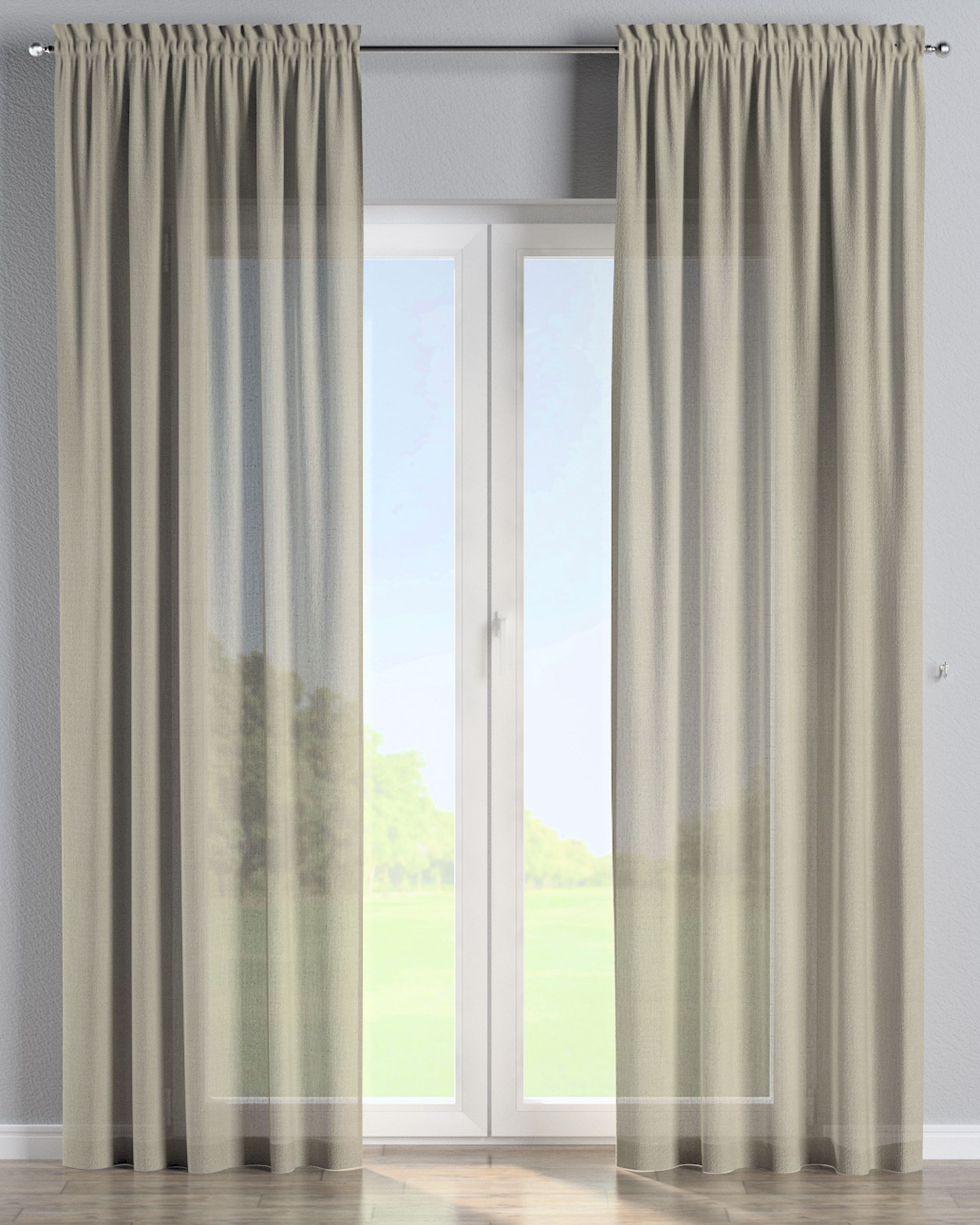 Závěs s tunýlkem a volánkem barva béžová látka poloprůhledná, lesklé, pletený vzor